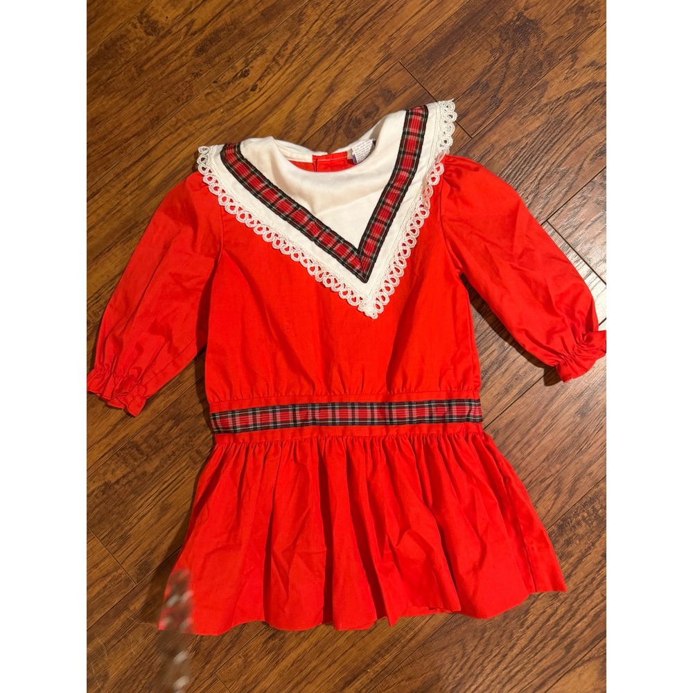 Vintage Nannette Girls Red Plaid Lace Bib Collar Holiday Dress Size 4 USA Made